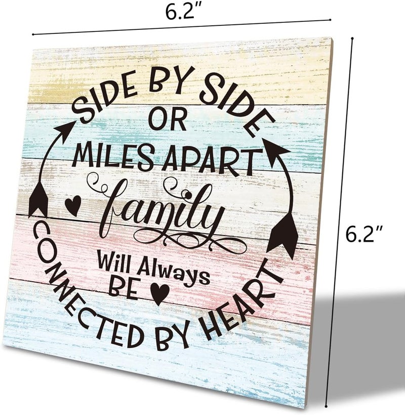 SUSZDOU Family Sign, “Side by Side or Miles Apart, Family Will Always Be Connected by Heart”, Wooden Plaque Table Art Sign 6.2x6.2 Inch, Farmhouse Room Decor, Long Distance Gift for Loved Ones A - Image 2
